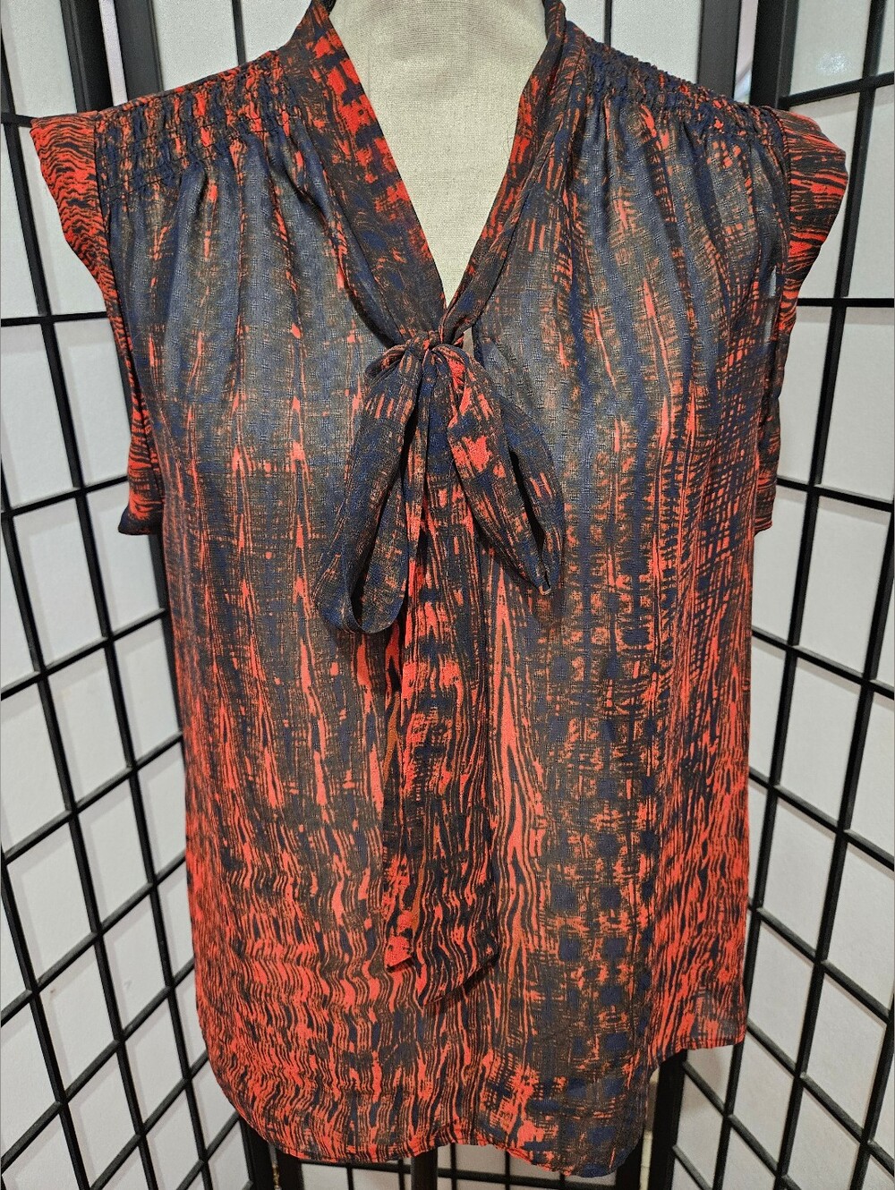 Rachel Roy Size 4 Orange & Navy Sleeveless Sheer Blouse